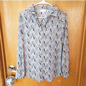 Bohme Women's Long Sleeve Button Up Blouse Art Deco Nouveau Floral Pattern